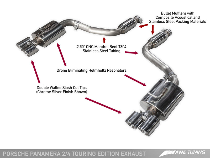 AWE Touring Exhaust w/4" Chrome Tips 2014-16 Porsche Panamera 2/4 V6