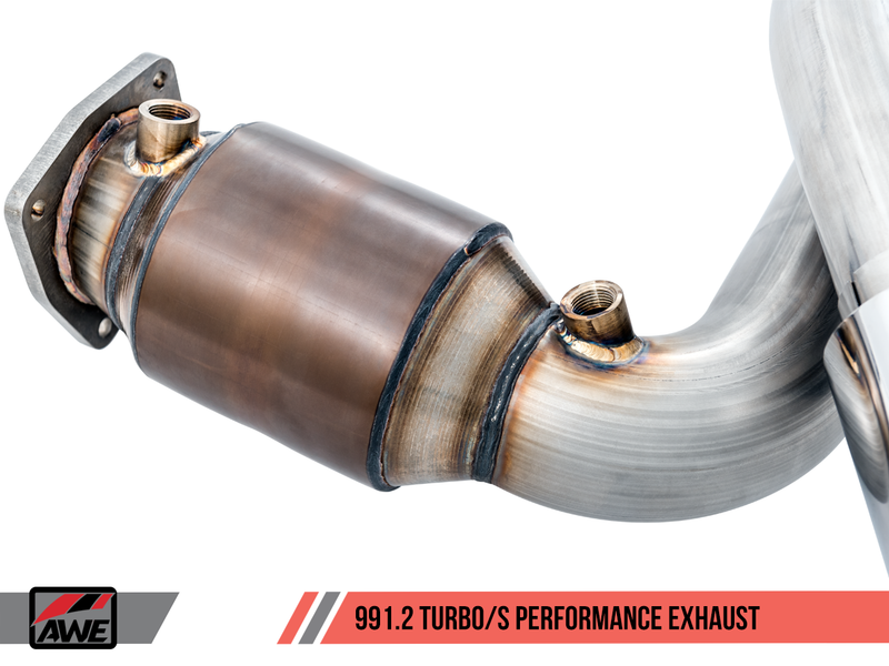AWE Performance Exhaust & 200 Cell Cats w/4" Black Quad Tips 2017-19 Porsche 991 Turbo/S