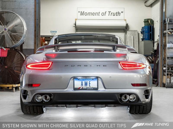 AWE Tuning Porsche 991.1 Turbo Performance Exhaust and High-Flow Cats - Silver Quad Tips - MGC Suspensions