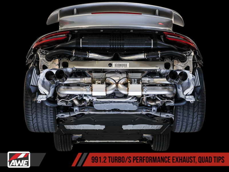 AWE Tuning Porsche 991 Turbo Performance Exhaust and High-Flow Cat Sections - Black Quad Tips - MGC Suspensions