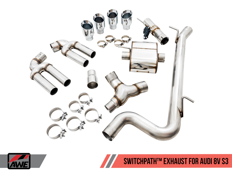 AWE Tuning 2015-20 Audi S3 (8V) SwitchPath Exhaust System with 102mm Chrome Silver Tips.-MGC Suspensions