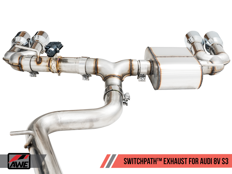 AWE Tuning 2015-20 Audi S3 (8V) SwitchPath Exhaust System with 102mm Chrome Silver Tips.-MGC Suspensions